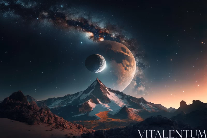 Majestic Mountain with Planet and Moon: Photorealistic Fantasy Art AI Image