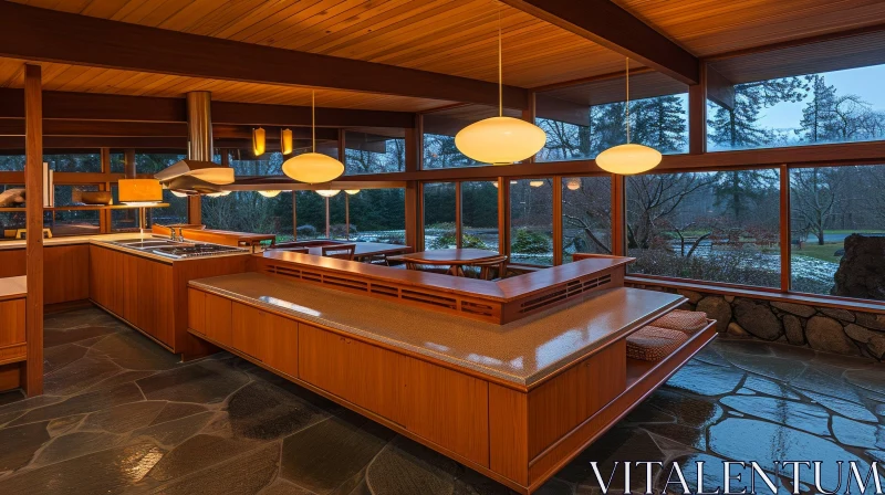 AI ART Mid-Century Modern Kitchen with Wood-Beamed Ceilings and Slate Floors