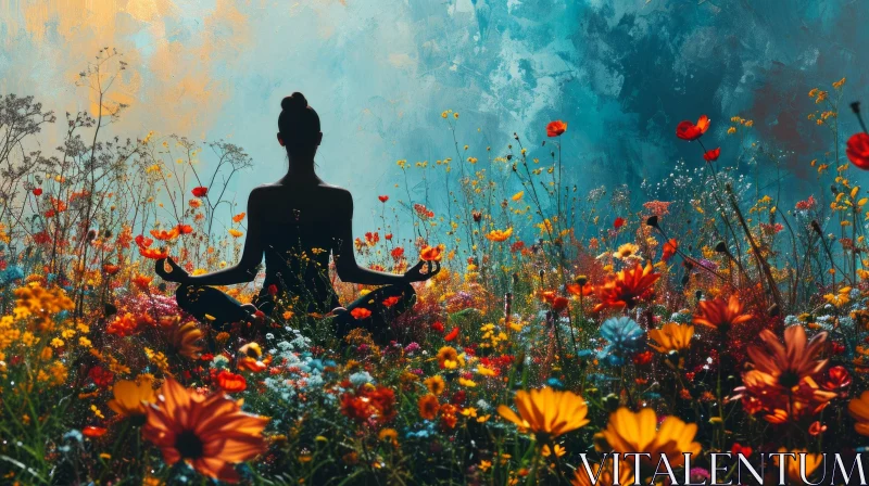 Tranquil Landscape with Meditating Woman in Vibrant Flower Field AI Image