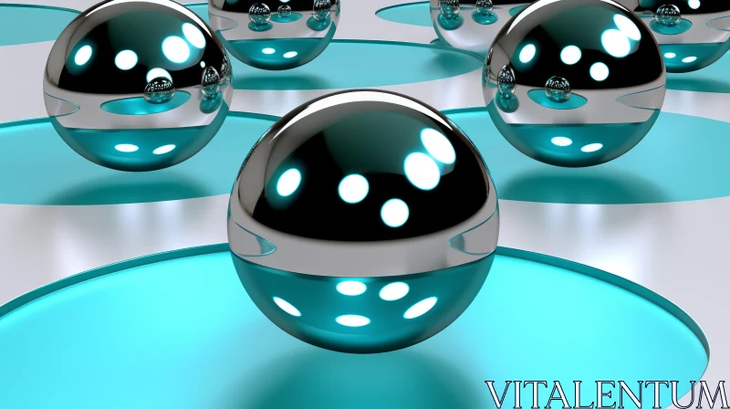Abstract 3D Rendering with Glossy Metal Spheres on Blue Surface AI Image