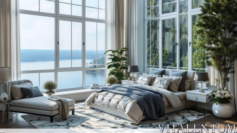Captivating Modern Bedroom with Lake View | 3D Rendering AI Image