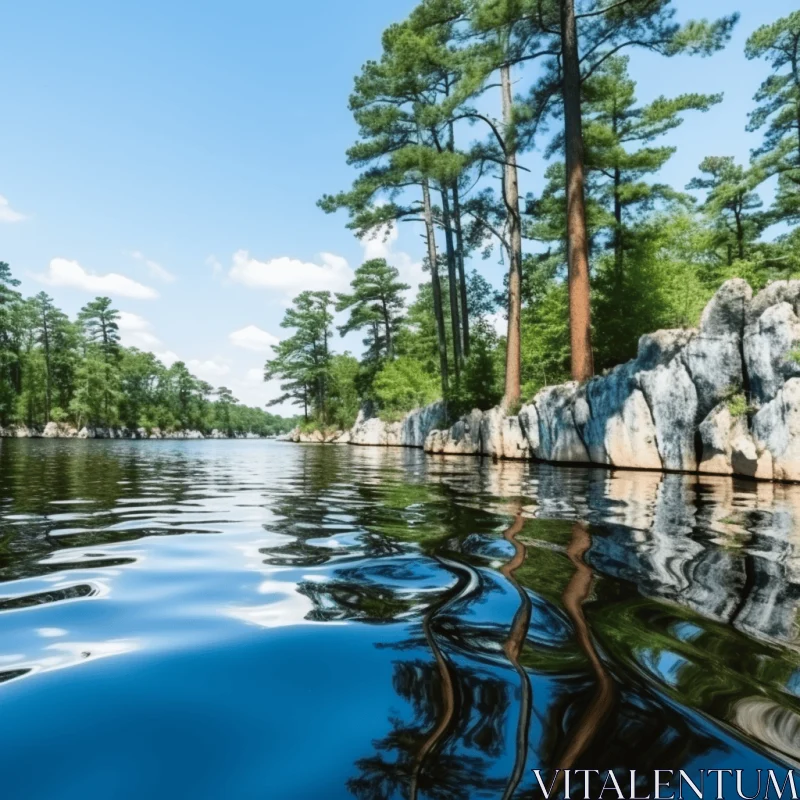 AI ART Captivating Nature: Serene Blue Lake, Majestic Pine Trees, and Rugged Rocks