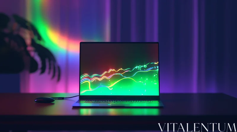 AI ART Dark Room Laptop with Bright Screen and Colorful Pattern