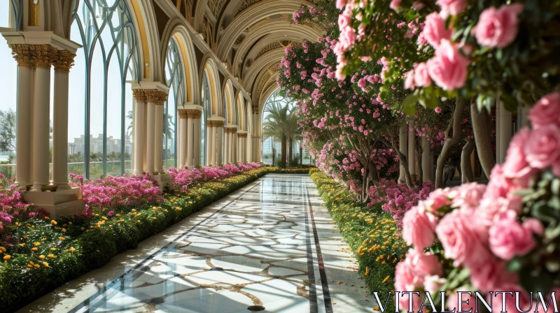Elegant and Serene Long Hallway with Marble Floor and Pink Trees in Bloom AI Image