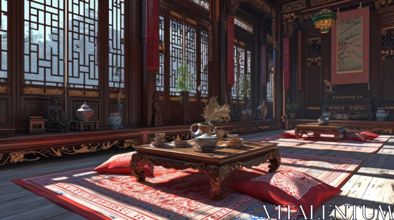 Exquisite Traditional Chinese Living Room with Red and Gold Accents AI Image