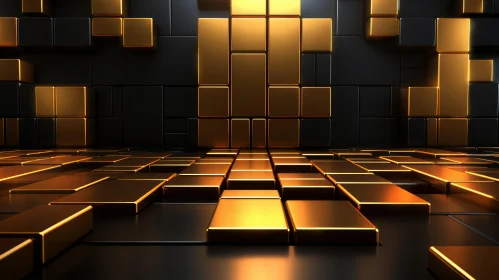 Futuristic Golden Cubes Room | Abstract 3D Rendering