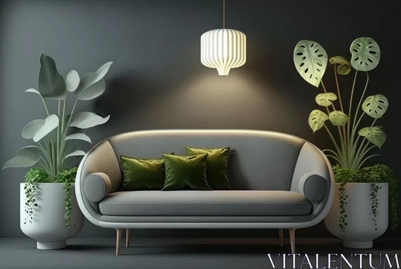 Intense and Dramatic Lighting: Gray Sofa with Plants and Lamp AI Image
