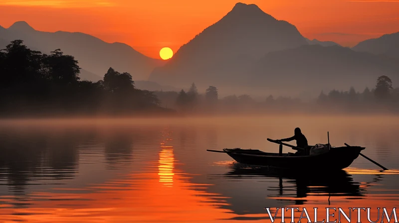 Tranquil Sunset Fishing Scene on Calm Waters AI Image