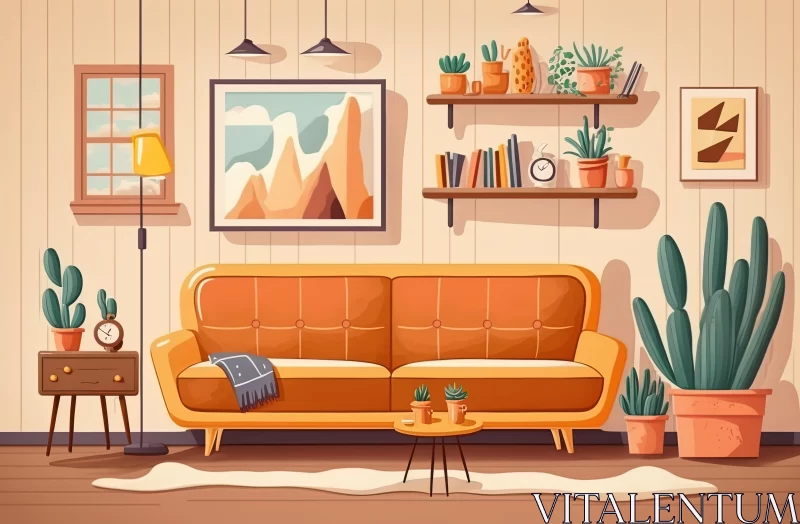 AI ART Vibrant Living Room with Yellow Couch, Books, and Plants | Adventure-themed Cartoon Art