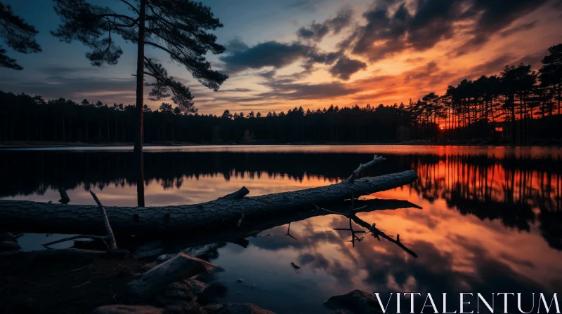 Captivating Sunset on Forest Lake with Reflecting Dead Tree AI Image