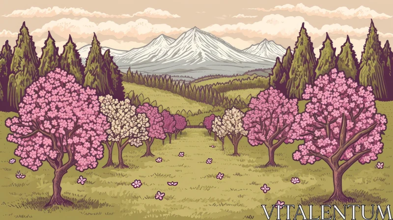 AI ART Cherry Blossom Mountain Landscape Illustration | Whimsical Cartoon Art