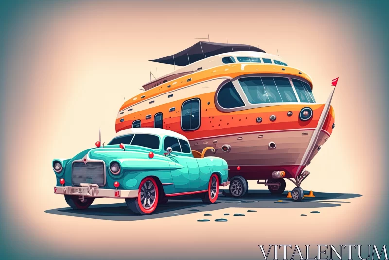 Detailed Character Illustration of Classic Car and Boat Moving with a Trailer AI Image