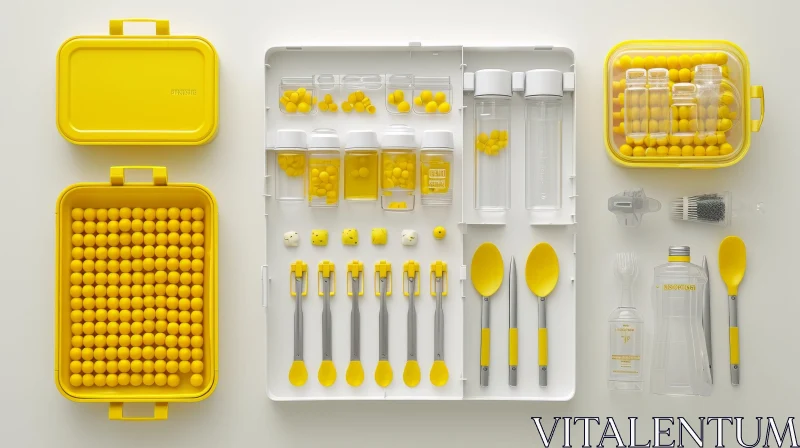 AI ART Intriguing Grid of Yellow Plastic Containers with Various Objects