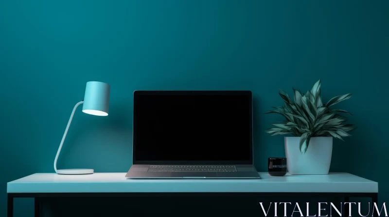 Modern Desk Composition with Laptop, Lamp, Plant, and Cup AI Image
