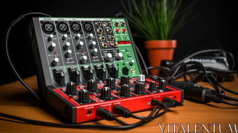 Professional Audio Mixer with Red Knobs and USB Connection AI Image