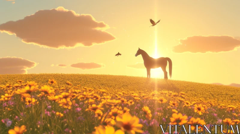 Serene Landscape with Horse in Field of Yellow Flowers AI Image