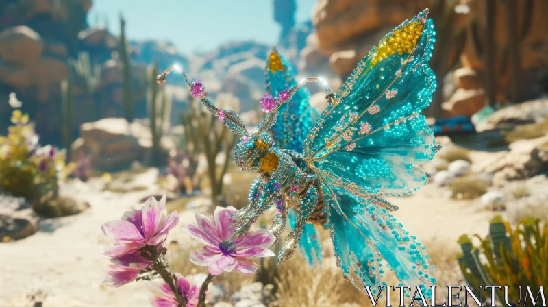 Stunning 3D Rendering of a Blue Butterfly in a Serene Desert Landscape AI Image