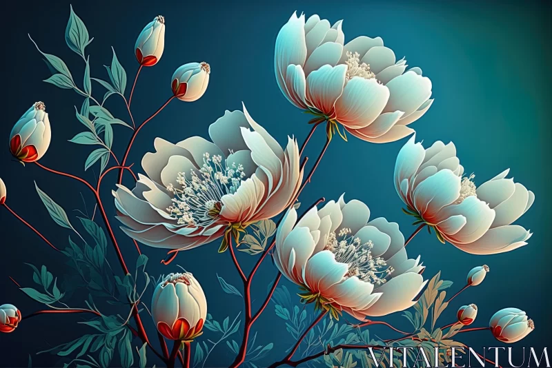 White Flowers on Blue Background: Colored Cartoon Style Artwork AI Image