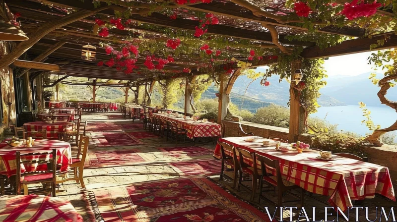 Inviting Outdoor Dining Area with Pergola and Red Flowers AI Image