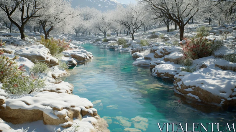 Serene Winter Landscape: Snowy Forest and Flowing River AI Image
