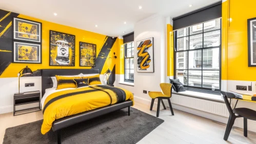 Beautiful Bedroom with Yellow Accent Wall and Abstract Art