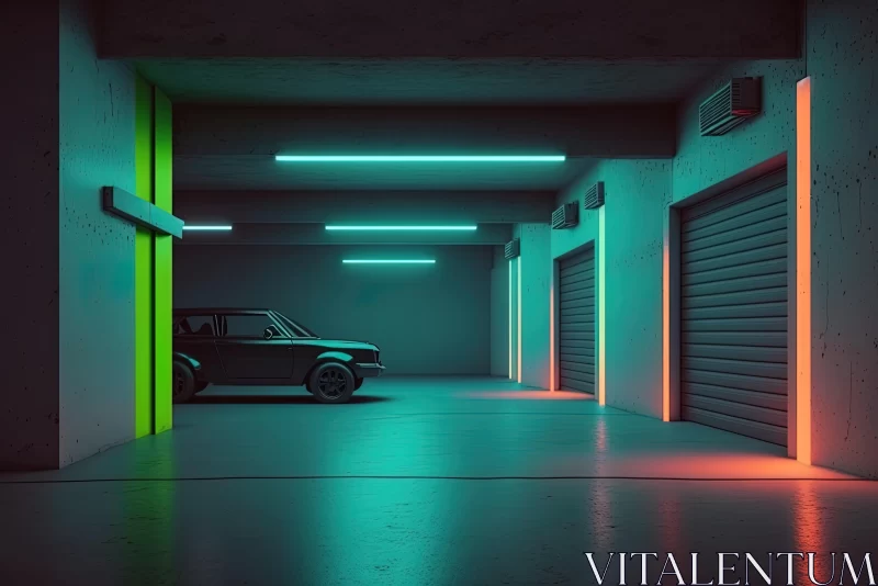 Black Car Parked in Neon Garage | Vintage Minimalism AI Image