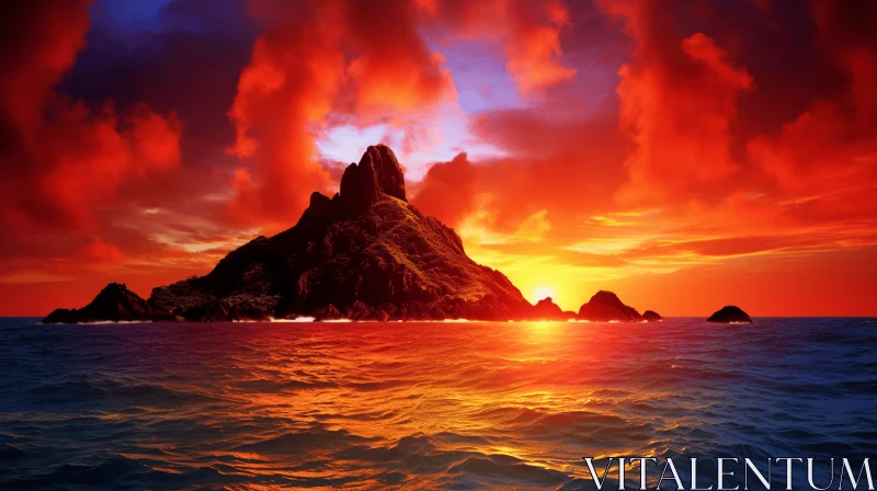 Breathtaking Mountain Rising from Ocean at Sunset | Photorealistic Fantasy AI Image