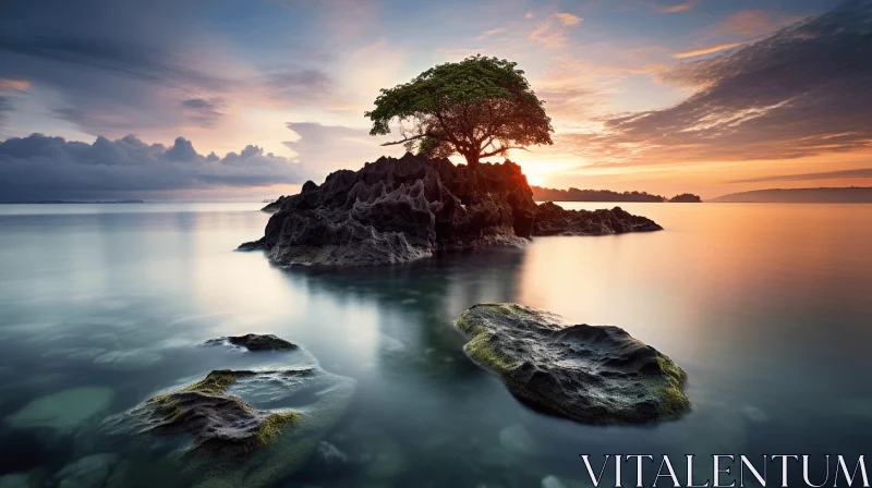 Captivating Nature Photography: Solitary Tree on Rocks Surrounded by Water AI Image