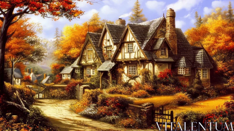 Peaceful Cottage Painting in a Colorful Autumn Setting AI Image