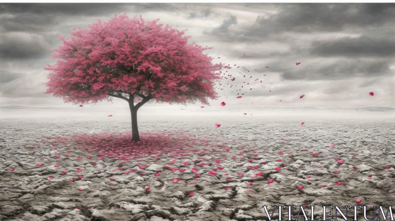 Resilient Beauty: Majestic Pink Tree in a Cracked Desert AI Image