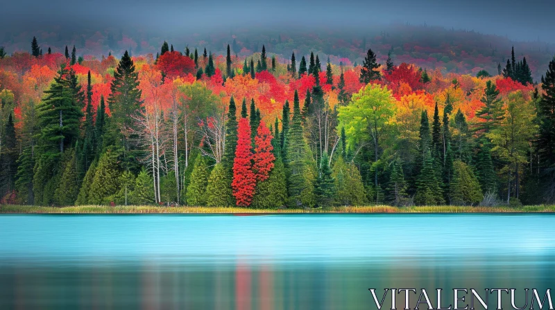 Serene Autumn Landscape with Majestic Trees and Vibrant Fall Foliage AI Image