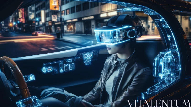 Young Woman in Car with Virtual Reality Headset - Futuristic City Experience AI Image