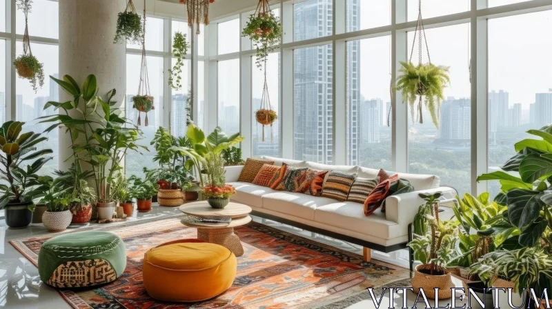 Bright and Airy Living Room with Plants | Modern Decor | City View AI Image