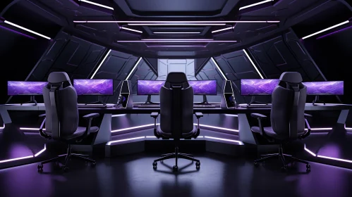 Dark Futuristic Gaming Room with Neon Lights and Geometric Shapes
