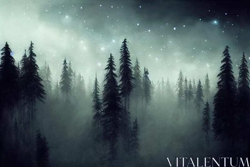 Ethereal Night Sky in a Fog-Covered Forest | Snow Scenes | Realistic Landscape AI Image