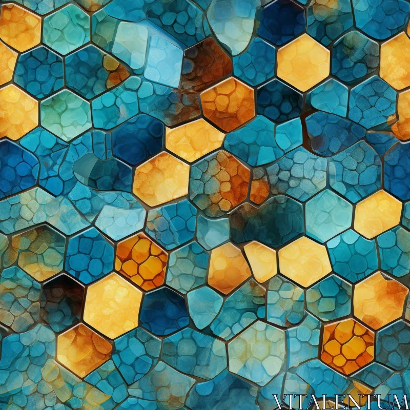 AI ART Glossy Honeycomb Mosaic Pattern in Blue, Orange & Yellow