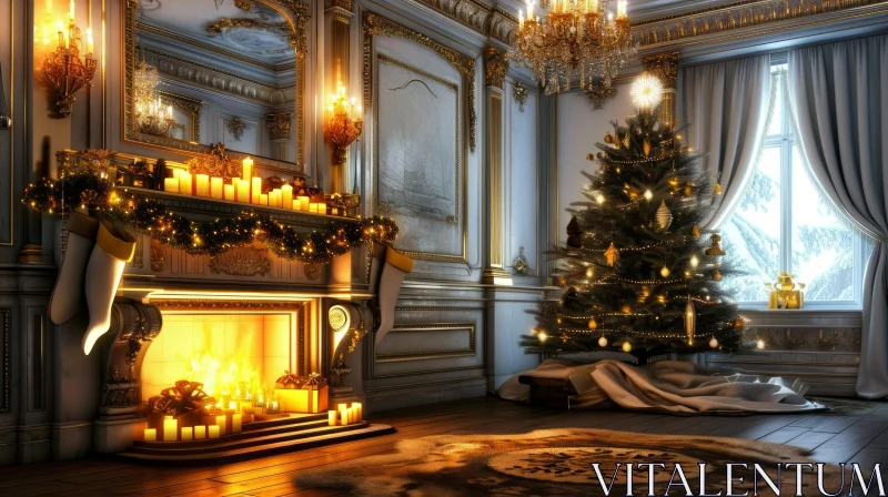 AI ART Luxurious Living Room with Christmas Tree and Fireplace