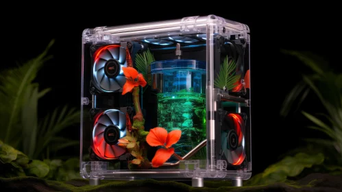 Transparent Computer Case with Tropical Plant and Lights
