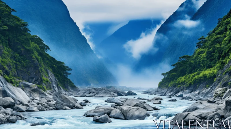 Ethereal Mountain Range with River and Rocks - Sublime Nature Photography AI Image