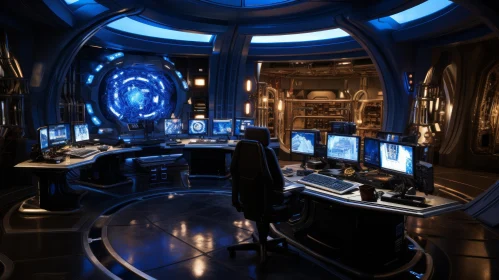 Futuristic Control Room with Blue and Green Lights
