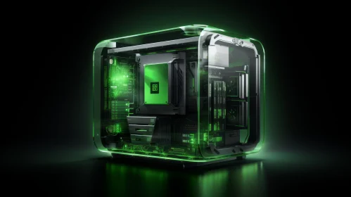 Green-Lit Transparent Computer Case with Internal Components