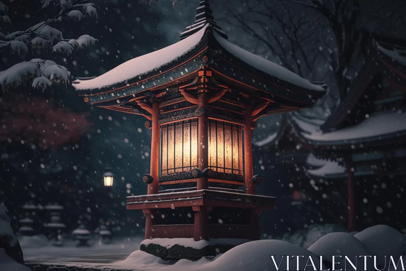 Snow-Coated Pagoda with Lantern: Photorealistic Japanese Fantasy AI Image