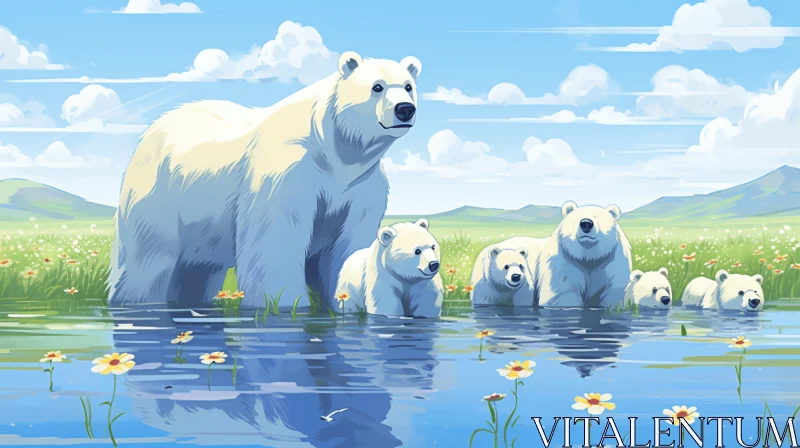 Captivating Image of Polar Bears Playing in Water with Daffodils AI Image