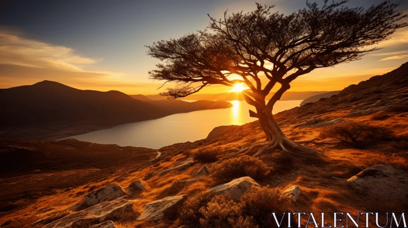 Captivating Tree at Sunset on Mountain with Ocean Background AI Image