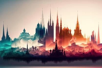Colorful Vector Low Poly Skyline Art - Ornate Gothic Grandeur