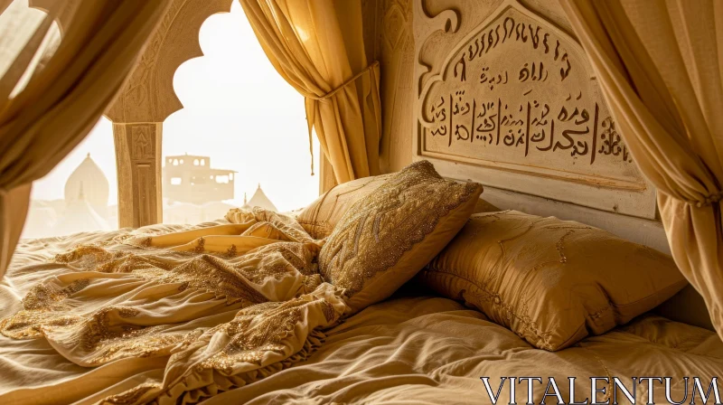 Luxurious Bed with Golden Headboard and Arabic Calligraphy AI Image