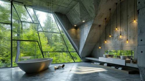 Modern Bathroom with Large Bathtub and Forest View