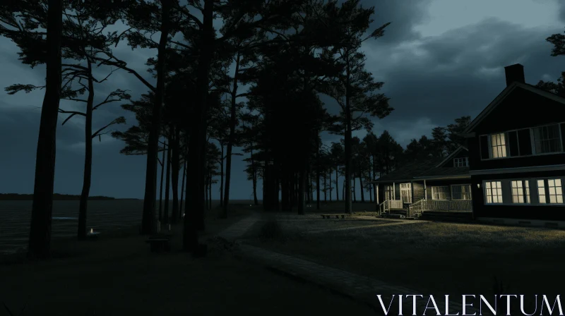 Mysterious Cottage on the Water: Dark and Ominous Forestpunk Scene AI Image