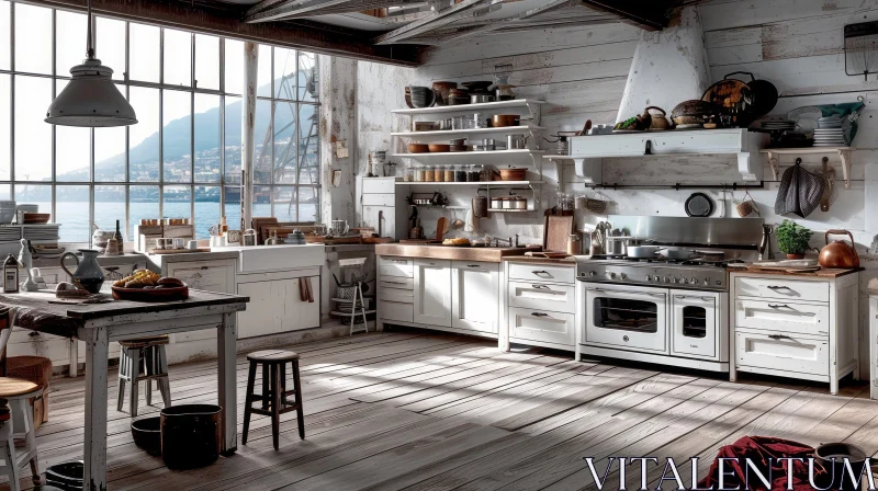 Rustic Kitchen with Sea View | Warm and Inviting Atmosphere AI Image