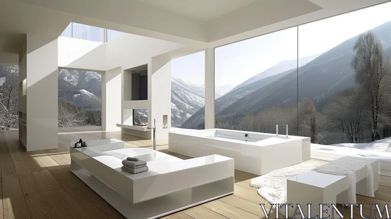 Serene Modern Bathroom with Snowy Mountain View AI Image